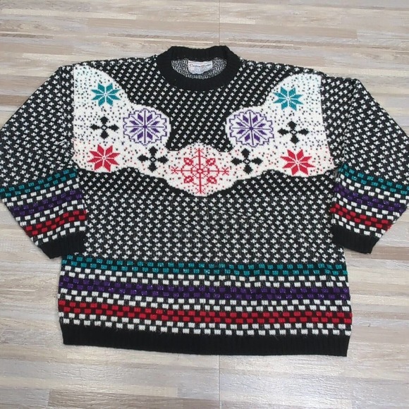 Vintage Womens Sweater Large/1X Black White Colorful Knit Ski Snowflake 80s - Picture 1 of 9